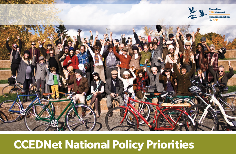 Header image of CCEDNet's 2019 National Policy Priorities, featuring a picture of community bicyclists.