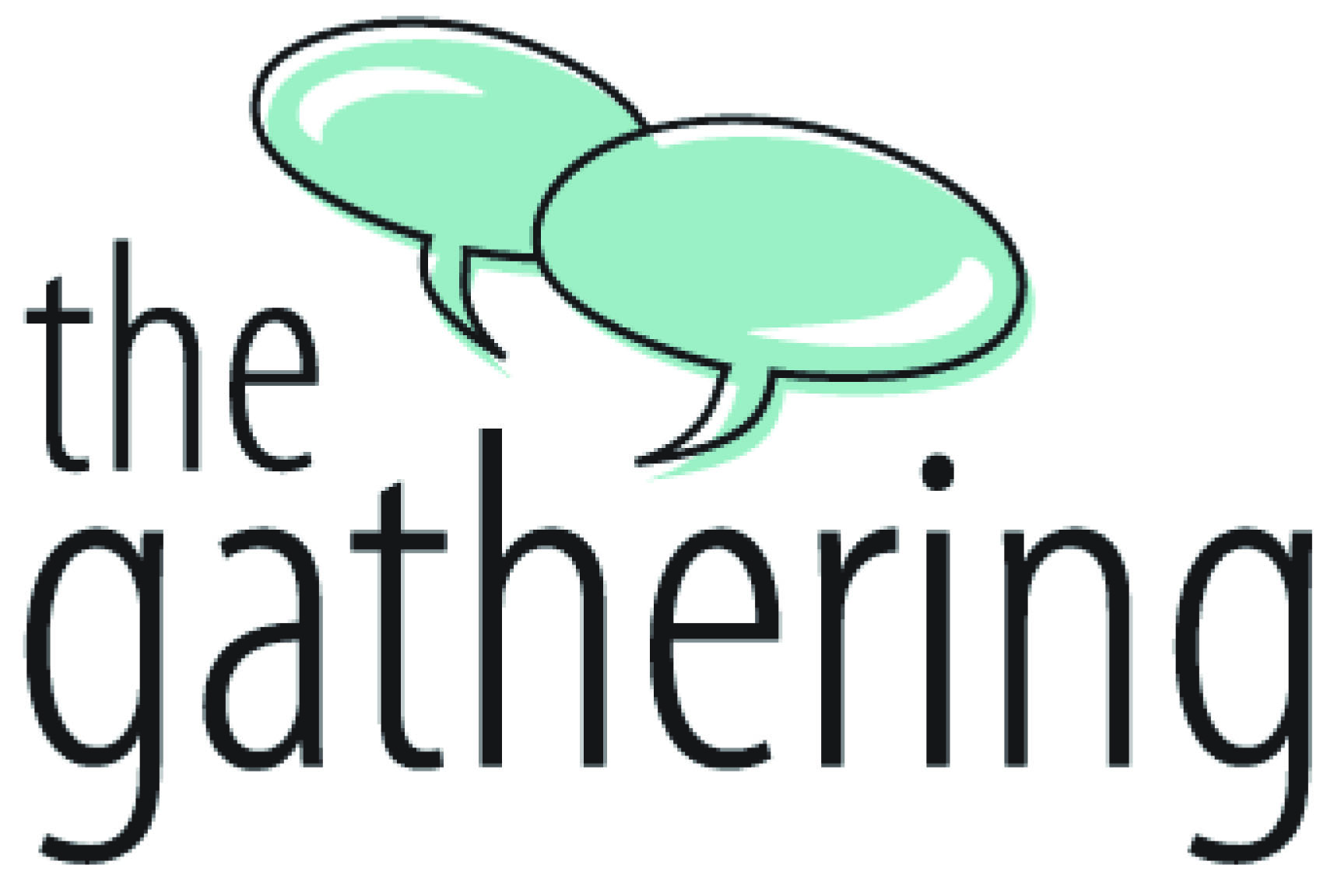 the gathering text logo with two overlapping chat bubbles floating overhead