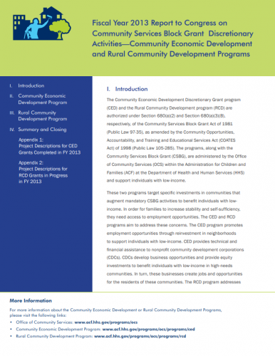 Fiscal Year 2013 Report to Congress on Community Services Block Grant Discretionary Activities—Community Economic Development and Rural Community Development Programs