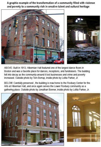 Before and after photos of the preservation of the Hibernian Hall in Boston