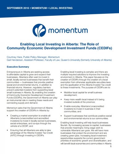 Enabling Local Investing in Alberta: The Role of Community Economic Development Investment Funds (CEDIFs)