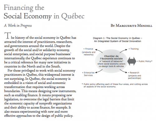 Financing the Social Economy in Québec: A Work in Progress