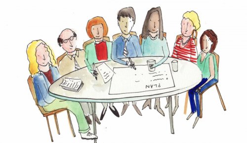keeping it simple cartoon of people sitting around a table