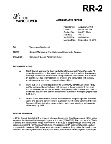 Vancouver Community Benefit Agreement Policy