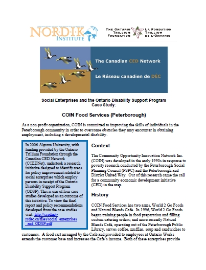 Social Enterprises and the Ontario Disability Support Program Case Study: COIN Food Services (Peterborough)