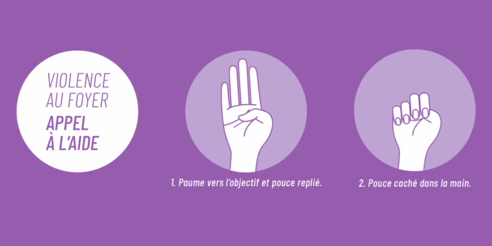 Diagram explaining the Signal for help. Step 1 is to put your palm to the camera and tuck your thumb against the palm. Step 2 is to  trap your thumb with your other fingers. 