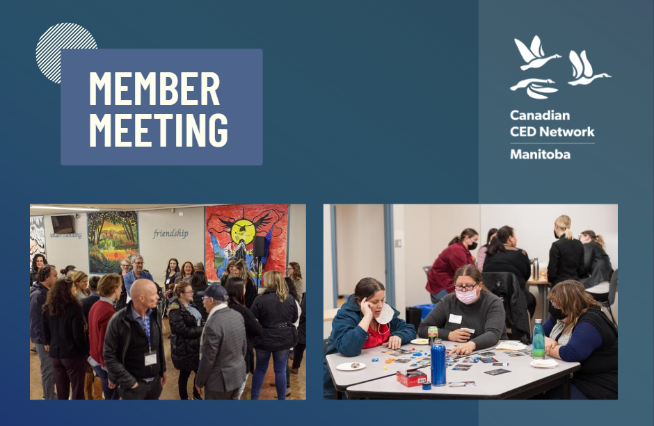2 photos of CCEDNet members and staff gathering together. Text says "member meeting, December 7, 1:00-3:00pm"