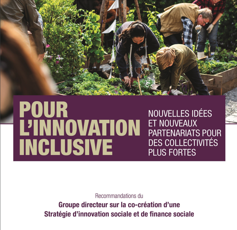 Image de personnes travaillant dans un jardin communautaire avec texte : Pour l'innovation inclusive : Nouvelles idées et nouveaux partenariats pour des collectivités plus fortes