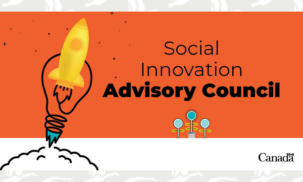 Cartoon rocket launch with text: "Social innovation advisory council."