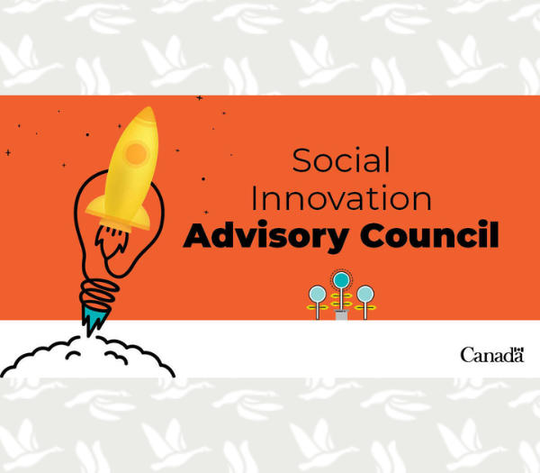 Cartoon rocket with text: Social innovation advisory council.