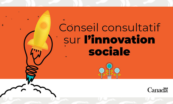 Fusée cartoon avec texte : Conseil consultatif sur l'innovation sociale