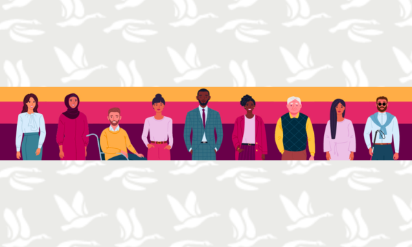 Cartoon image of diverse group of people standing in front of a multi-coloured background