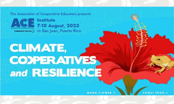 Cartoon of a red flower and green frog with text that says: "ACE Institute: Climate, cooperatives, and resilience"
