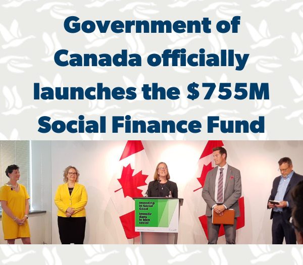 Photo of Min Karine Gould making announcement of Social Finance Fund Launch with text: 