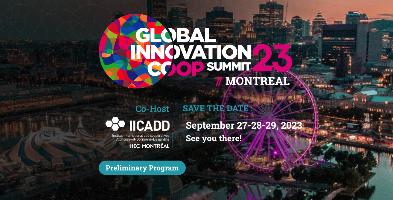 Photo of Montreal by night in the background, with text that says Global Innovation Co-Op Summit 23, Montreal.