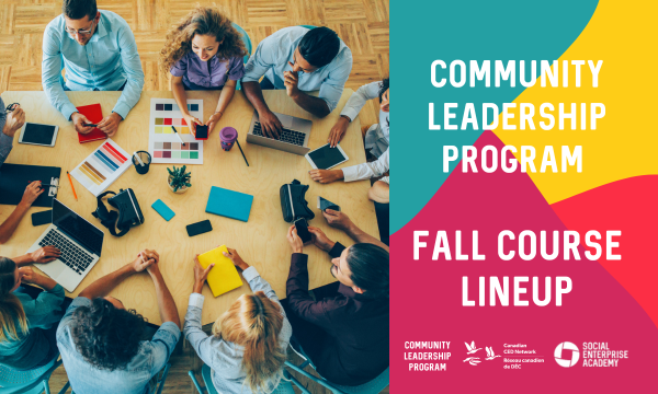 Group of people meeting around a table with text, "community leadership program fall course lineup"