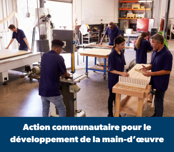 Personnes travaillant sur des machines dans un atelier avec un texte indiquant Action communautaire pour le développement de la main-d'œuvre.