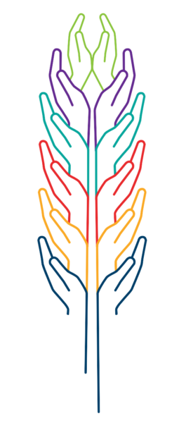 Wheat symbol composed of hands, representing a diversity of people working together in community to grow and harvest the rewards of collective action.