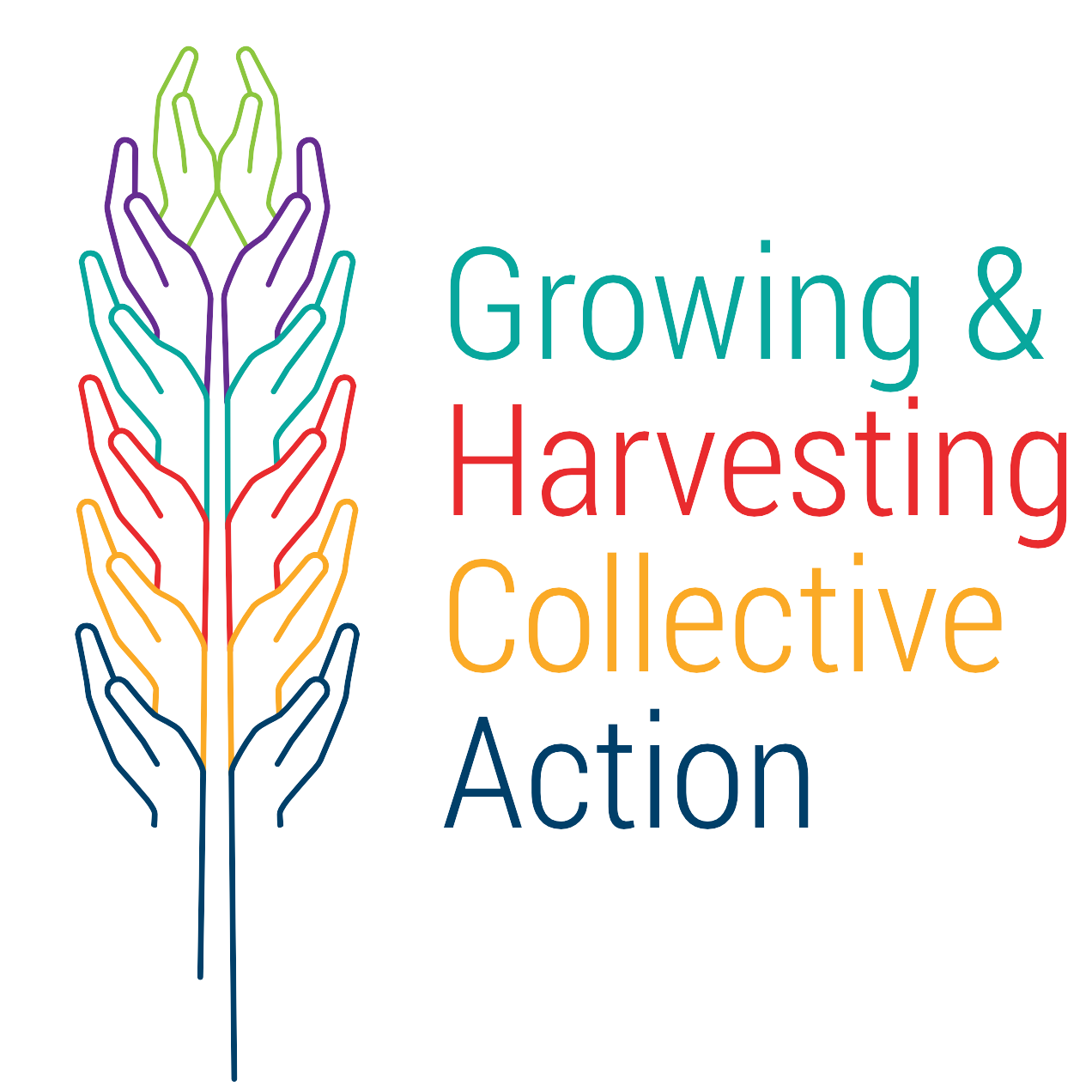 Wheat symbol composed of hands, representing a diversity of people working together in community to grow and harvest the rewards of collective action.