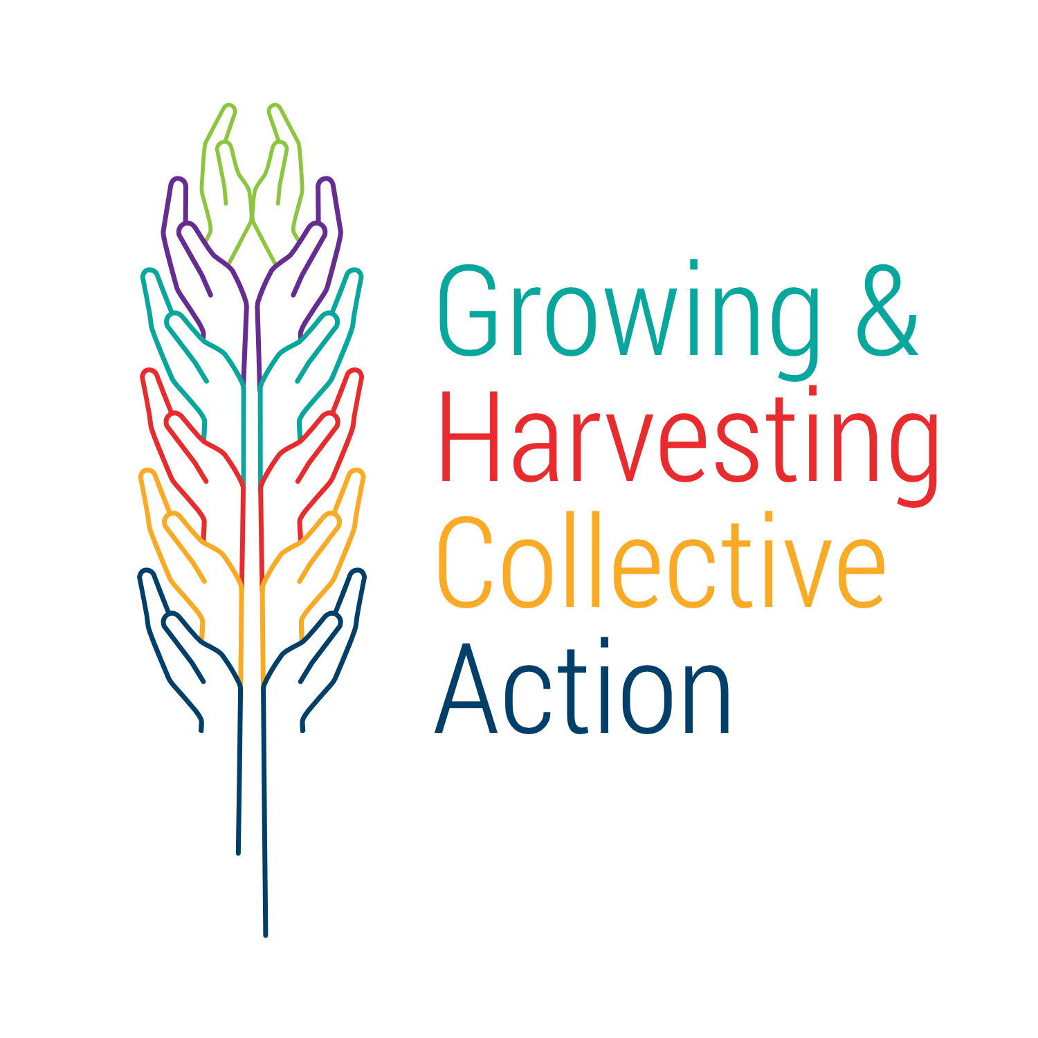 Wheat symbol composed of hands, representing a diversity of people working together in community to grow and harvest the rewards of collective action.