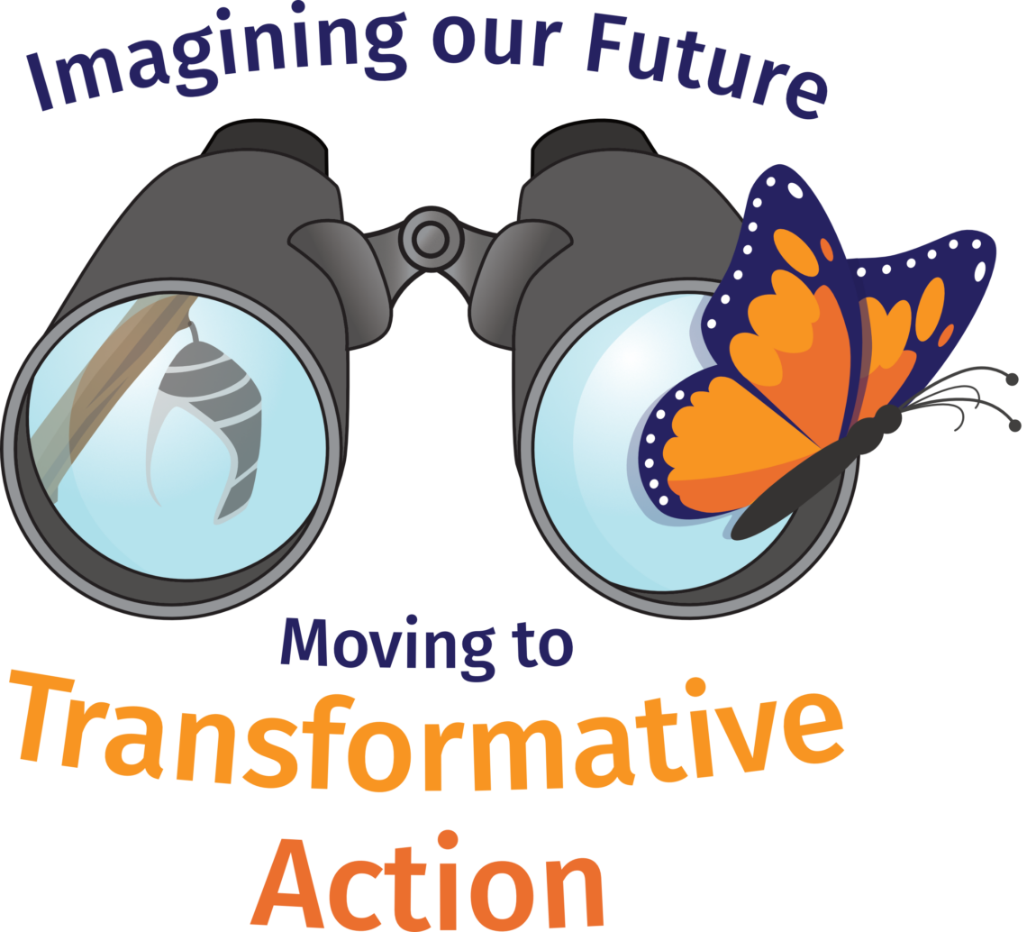 Imagining our Future: Moving to Transformative Action logo (includes a pair of binoculars with a butterfly in the foreground)
