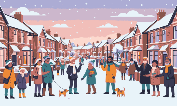 Graphic of community members on a snowy neighbourhood street.