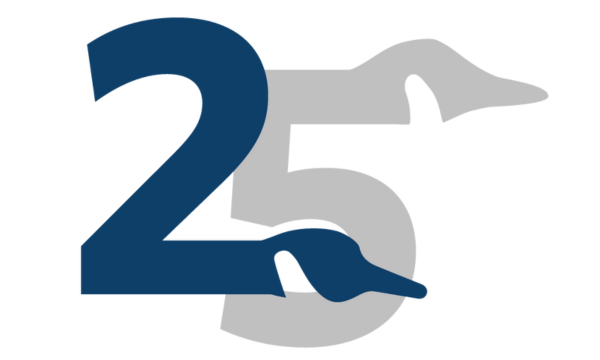 The number 25 with two a goose head coming out of the numbers 2 and 5
