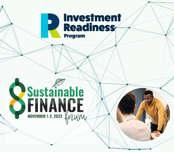 Investment Readiness Program logo, Sustainable Finance Forum logo, and an image of community members at a meeting all connected by a series of lines and dots.