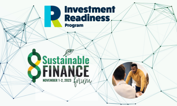 Investment Readiness Program logo, Sustainable Finance Forum logo, and an image of community members at a meeting all connected by a series of lines and dots.