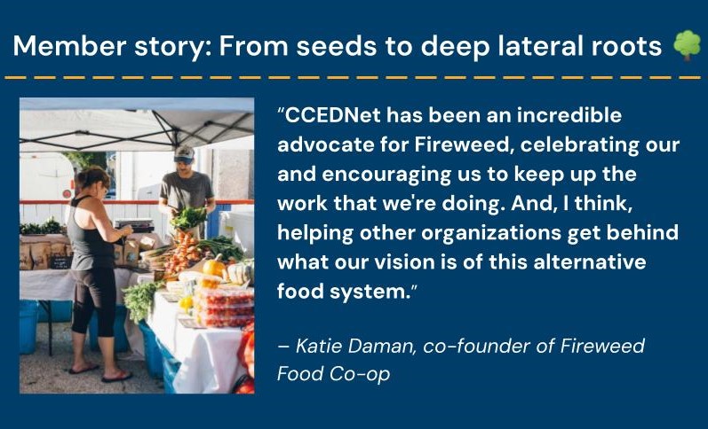 Photo of farmers market sale and a quote from Fireweed Food Co-op co-founder