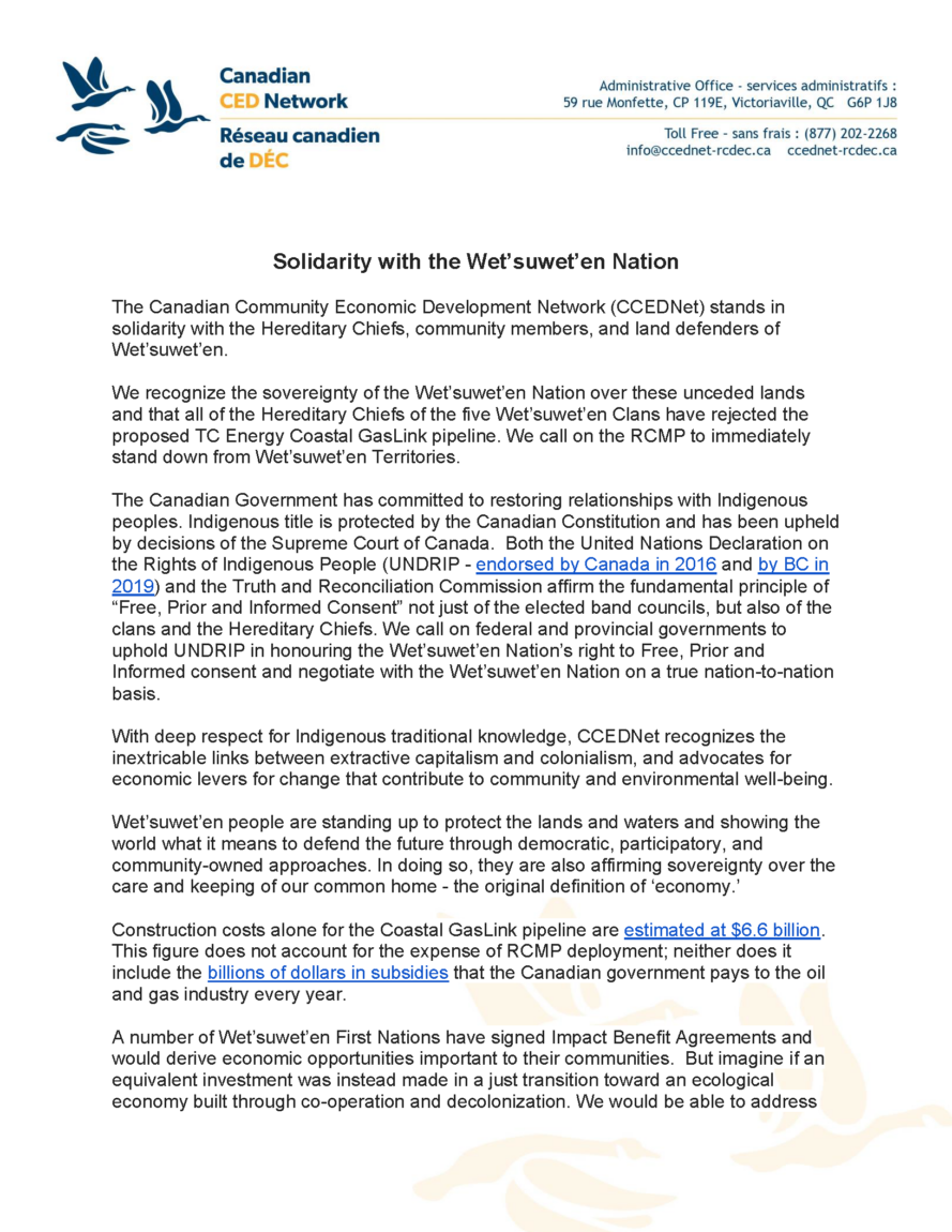 Wet’suwet’en Solidarity Statement