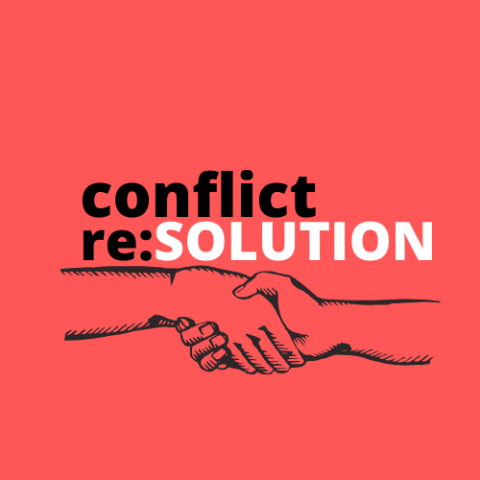 red background with text in black that reads "conflict re:" and solution is capitalized in white text. Directly below the text, two hands grasp one another in a gesture of peace.