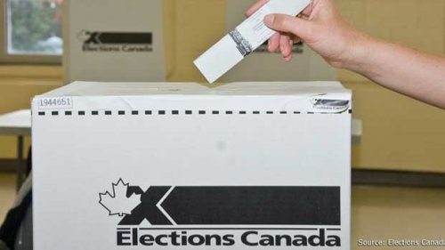 Hand putting a ballot in an Elections Canada ballot box